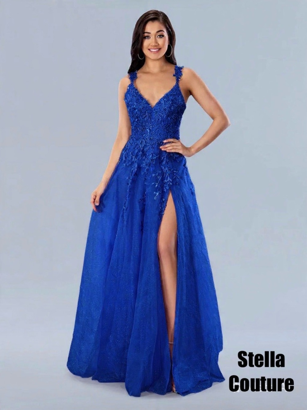 Stella Couture Royal Blue V-Neck Prom Gown with High Slit